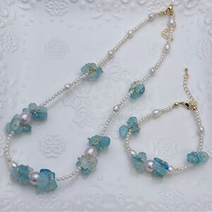 AM12 Handmade Freshwater Baroque Pearl Aqua Marine Necklace Bracelet Set